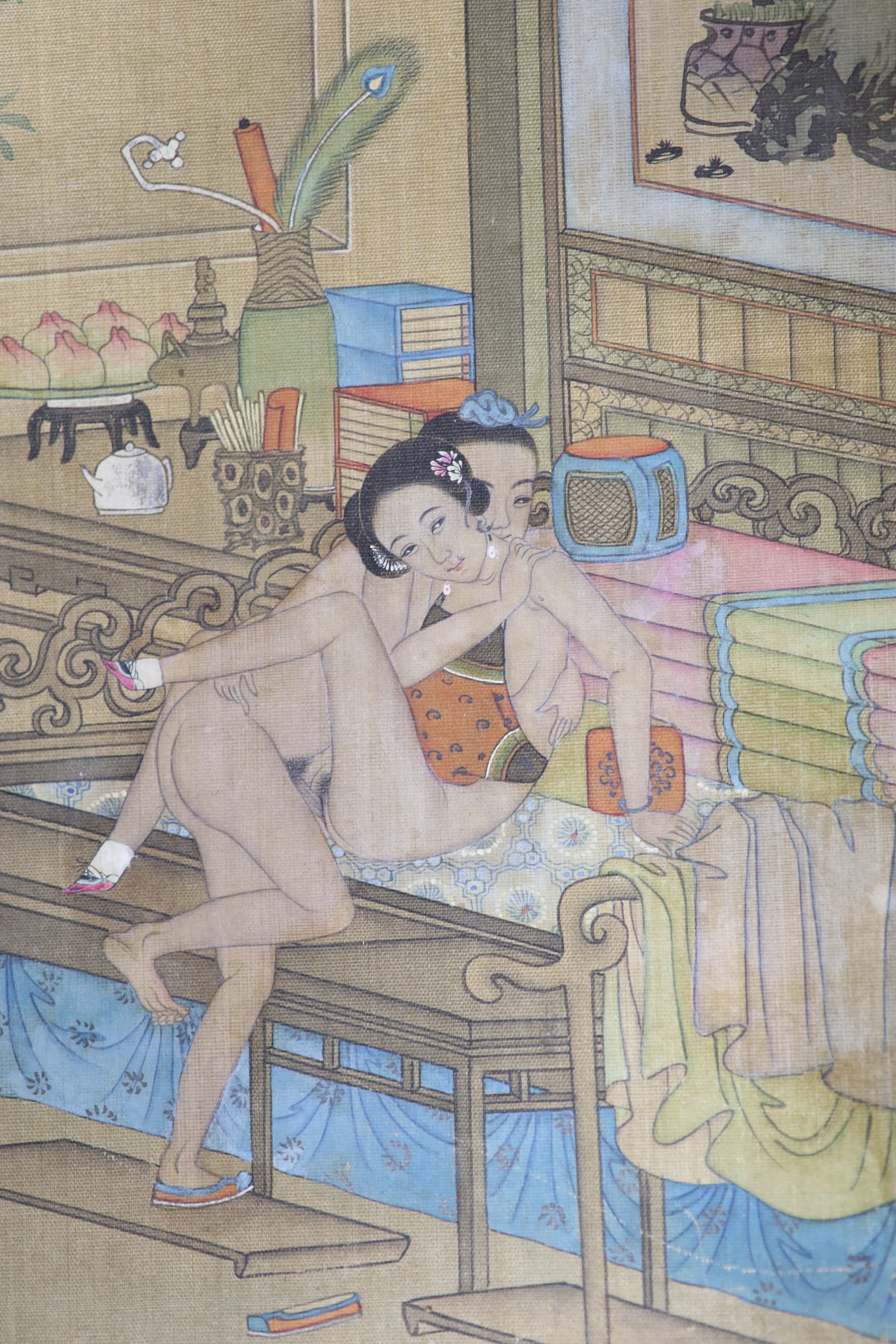 A group of six 19th century Chinese erotic paintings on silk, 27 x 22cm total dimensions